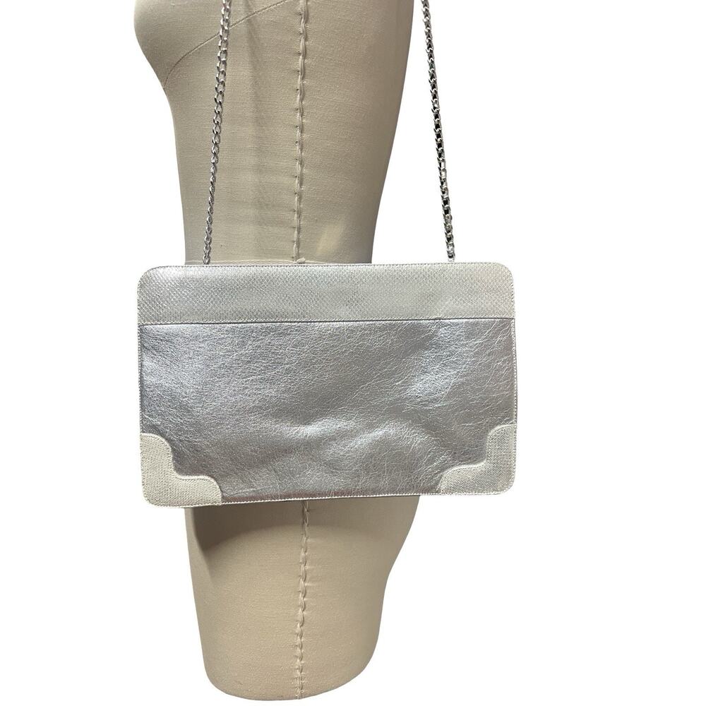 Vintage MM Morris Moskowitz Silver Leather Clutch Purse Chain Strap MCM